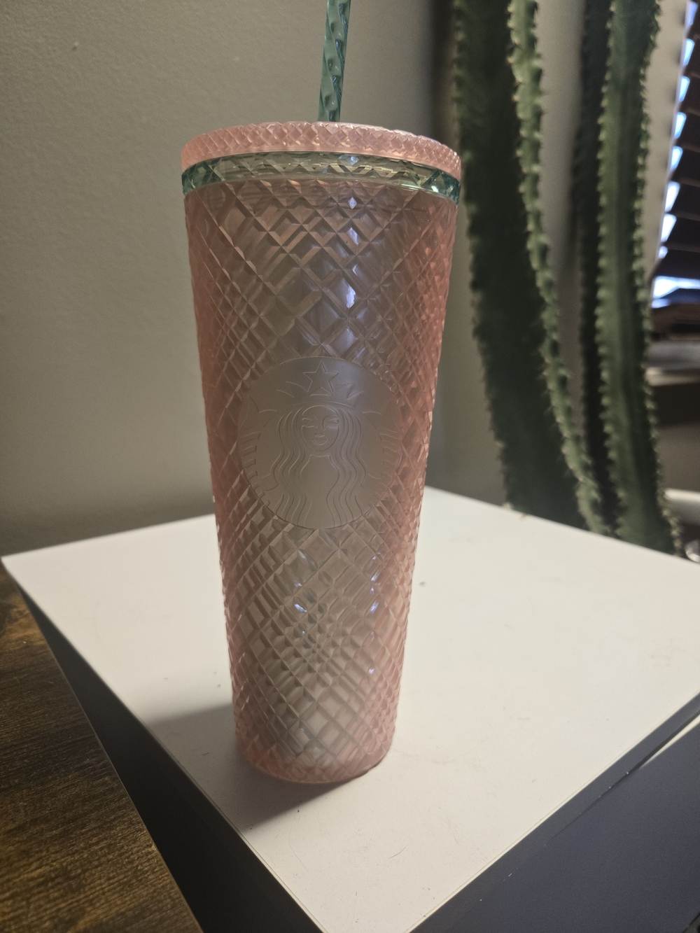 Starbucks Pink Textured Tumbler with Green Accent Straw